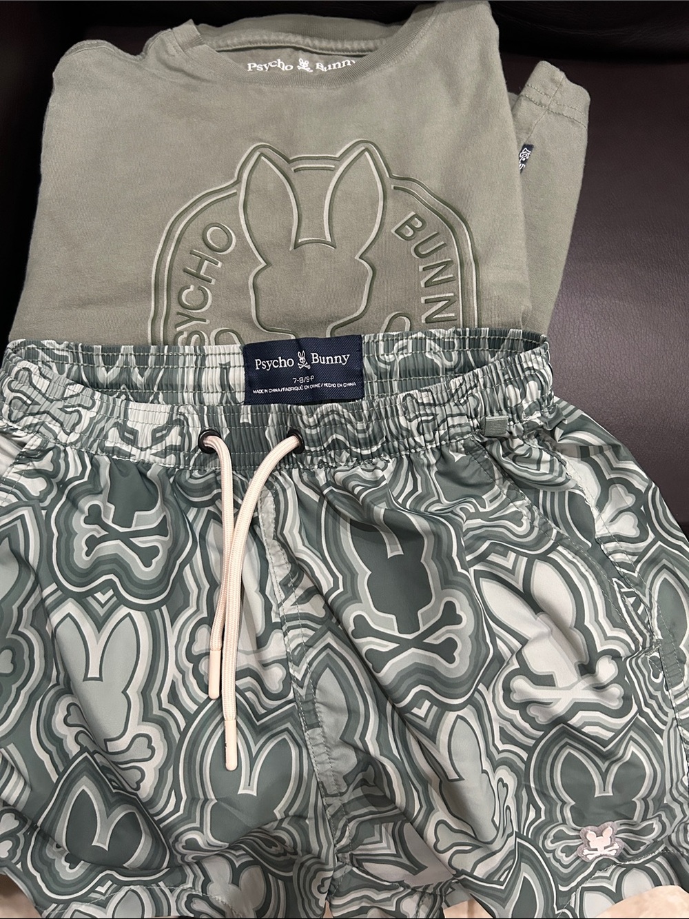Psycho Bunny Kids Olive Graphic Tee and Patterned Swim Shorts set